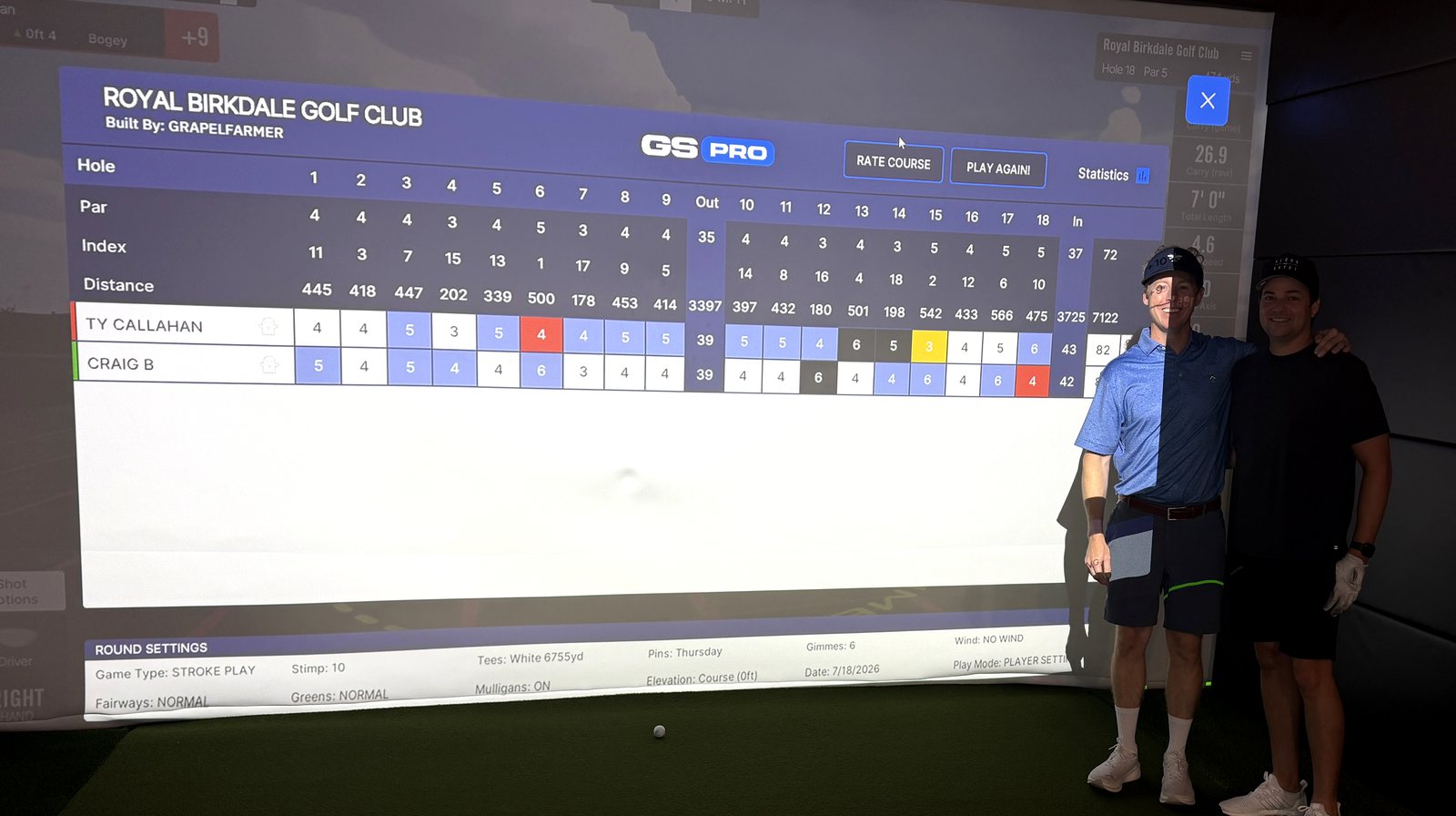 Tyler Callahan and Craig B with their final scorecard at Royal Birkdale — 82 and 81
